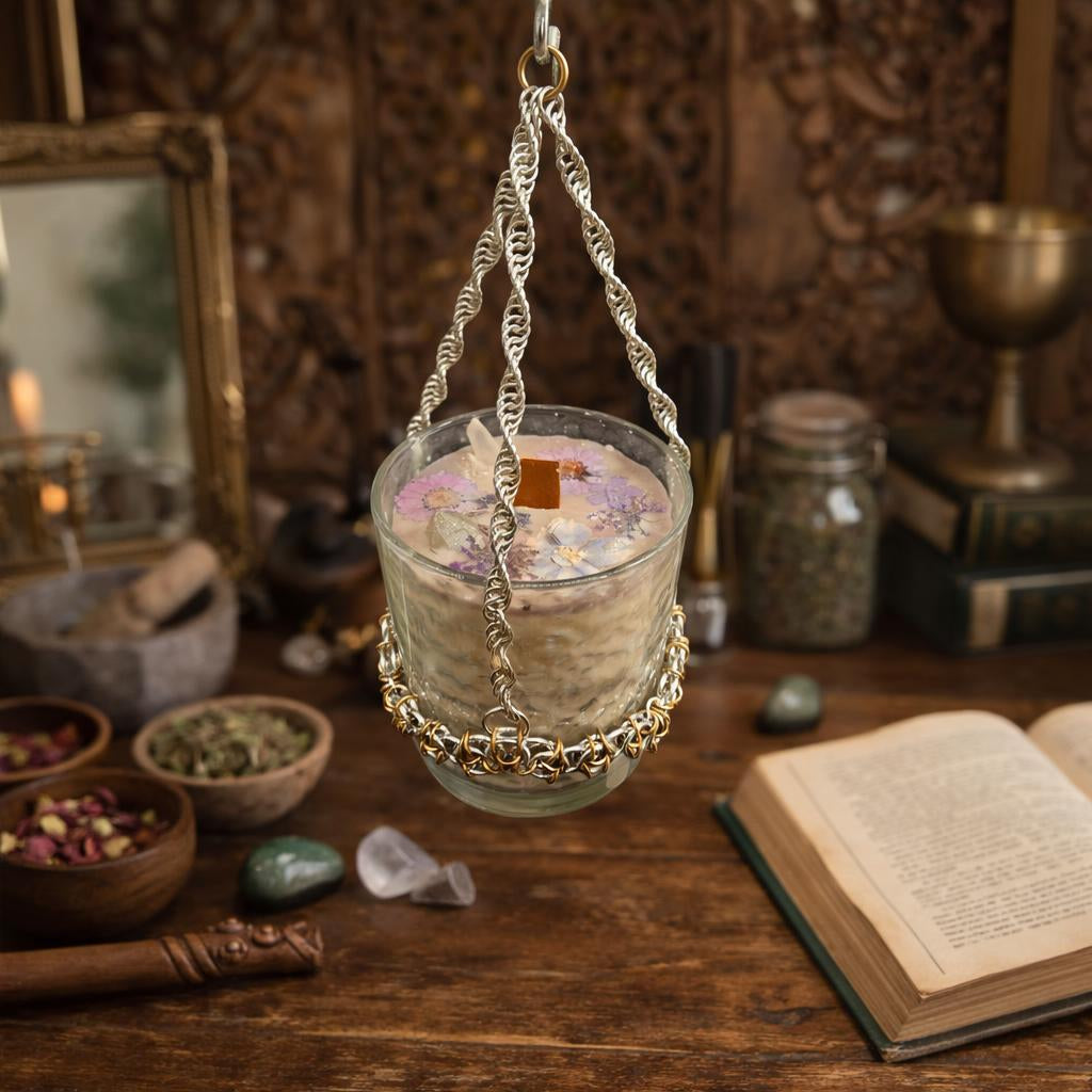 Vintage Glass Ritual Candle with Handwoven Chainmaille Hanger - Scent Venusian Ritual