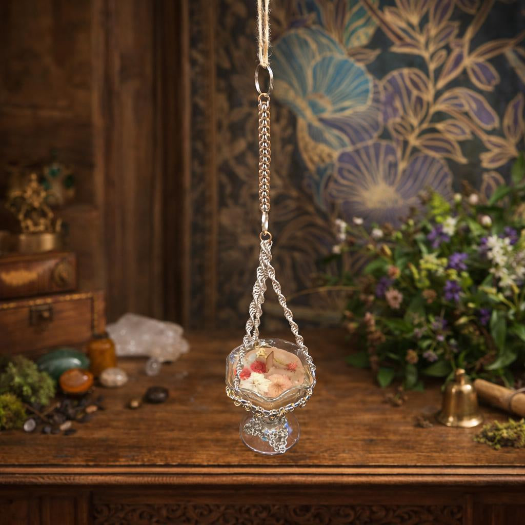 Vintage Glass Ritual Candle with Handwoven Chainmaille Hanger - Scent Venusian Ritual