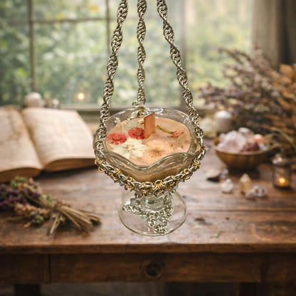 Vintage Glass Ritual Candle with Handwoven Chainmaille Hanger - Scent Venusian Ritual