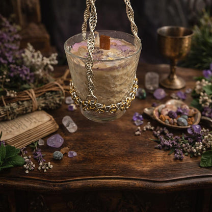 Vintage Glass Ritual Candle with Handwoven Chainmaille Hanger - Scent Venusian Ritual