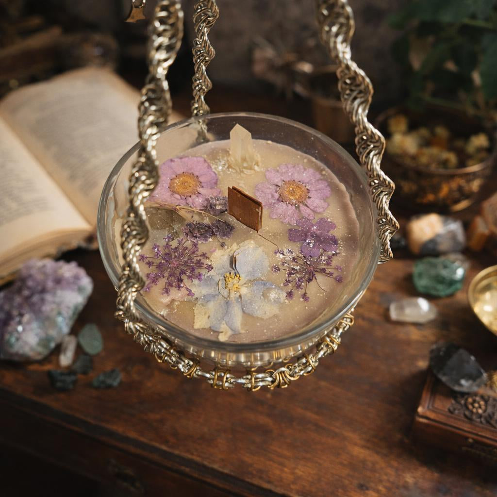 Vintage Glass Ritual Candle with Handwoven Chainmaille Hanger - Scent Venusian Ritual